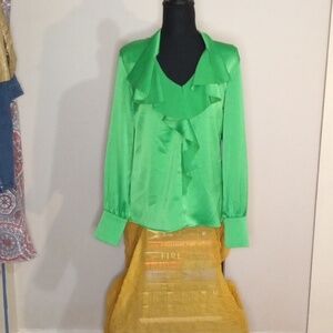Posh Couture Vibrant Green Shimmery Ruffled Blouse NWT Made In The USA Size S